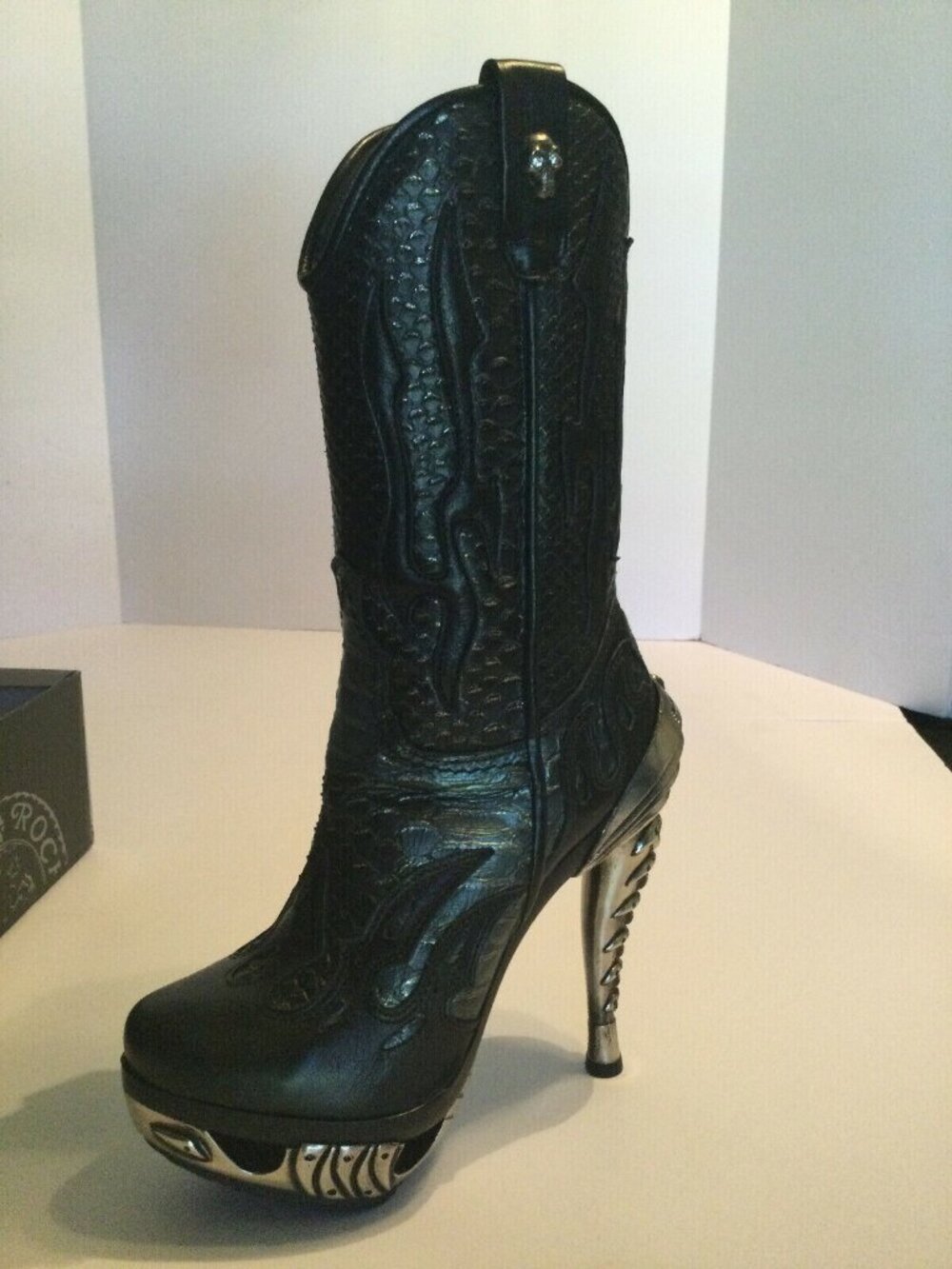 NEW ROCK LEATHER - Black Flame / Green Metallic Snakeskin Gothic Boots  Women